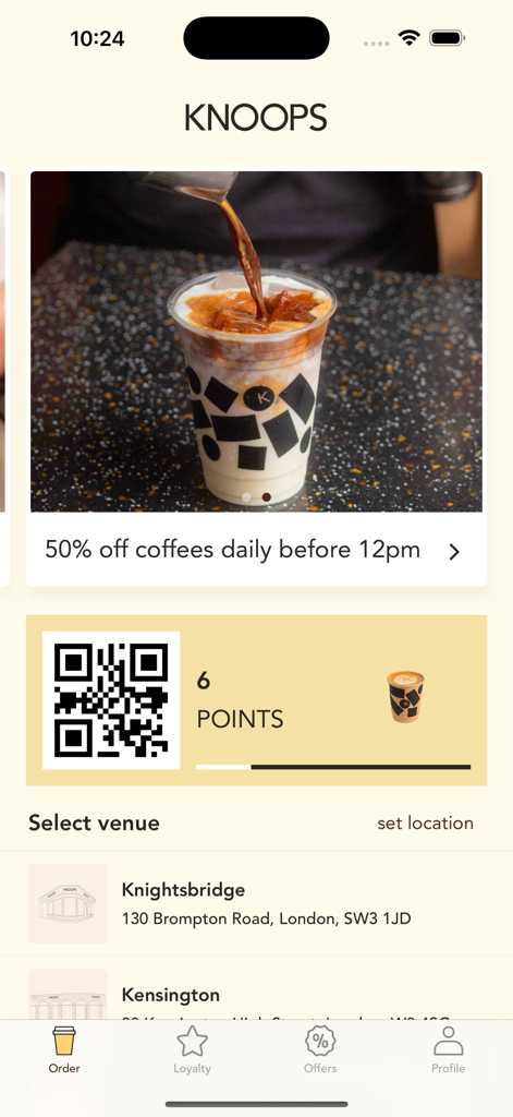 Knoops - Knoops app interface showing loyalty points and daily coffee rewards