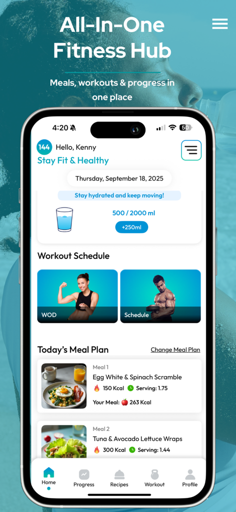 BodyRecomp: Meal & Workout - BodyRecompアプリのダッシュボード。水分補給トラッキング、ワークアウトスケジュール、体格最適化のためのパーソナライズされた食事プランが表示されます。