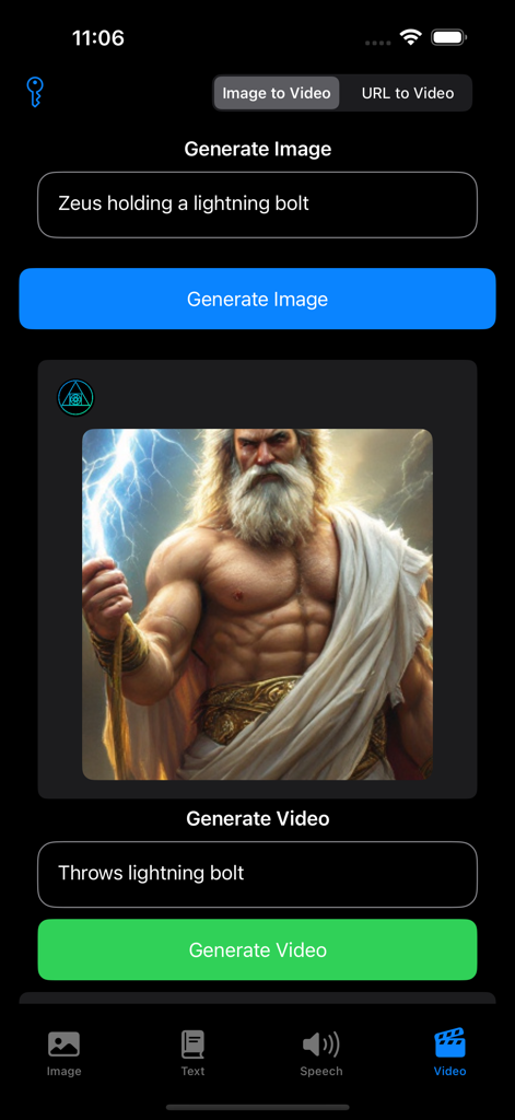 Pantalla de la aplicación Genesis AI demostrando la generación de imágenes y video usando indicaciones para Zeus con un rayo.