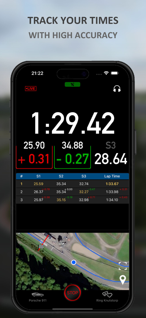 Interface of the LapTrophy app displaying a digital lap timer with sector data and a satellite GPS map of the racetrack