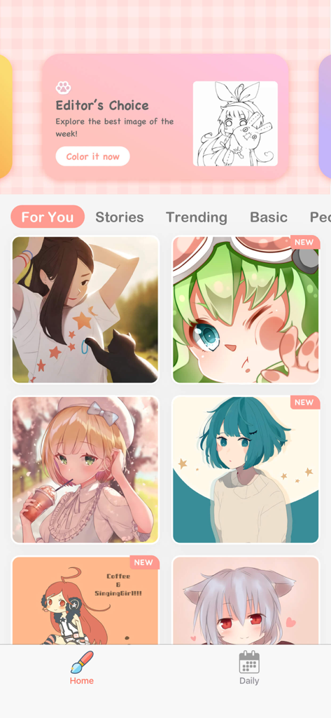 Anime Paint - Color By Number - Pantalla de inicio de la app Anime Paint mostrando una galería de coloridas ilustraciones de personajes de anime y categorías de coloreado