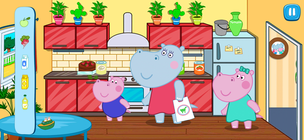Funny Supermarket game - Hippo family characters in a colorful cartoon kitchen with a shopping list on the side