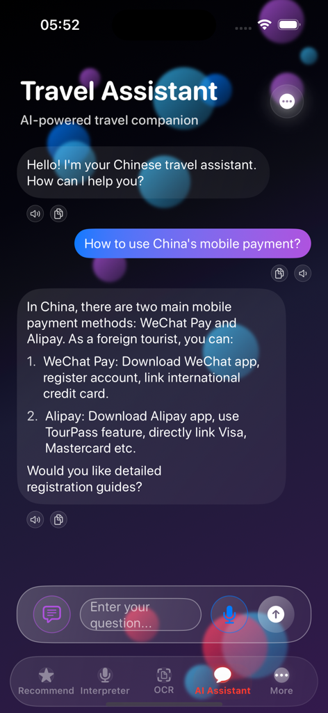 AI travel assistant answering mobile payment questions for tourists in China