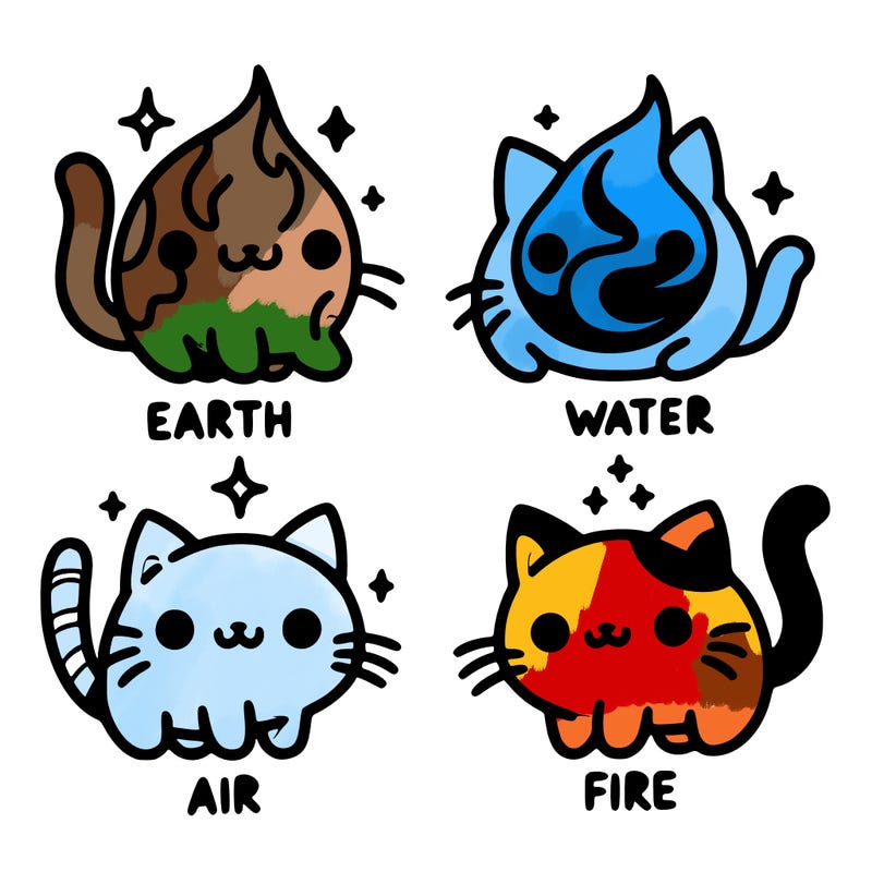4 cats that represent the different elements, earth, water, air, and fire
