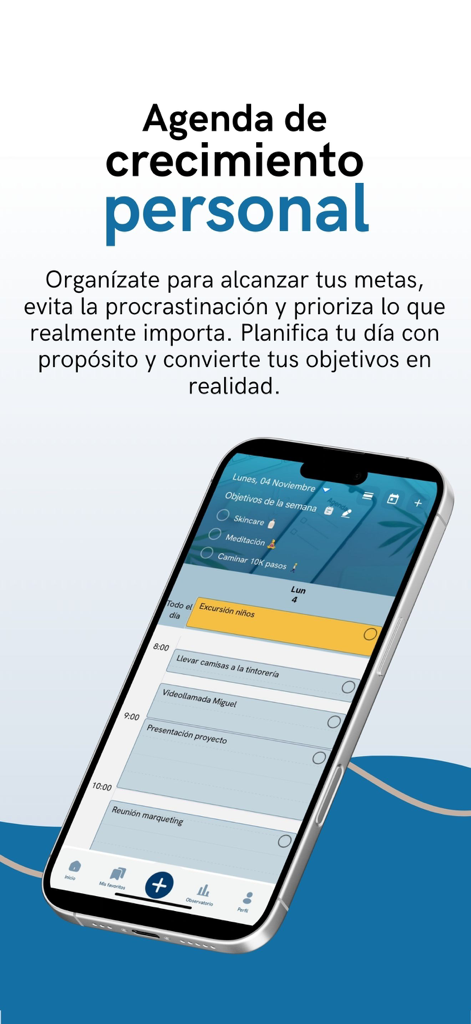Psicovirtual - Psicovirtualアプリの個人の成長アジェンダ機能を示すスマートフォン、日々のタスクリストと目標を表示