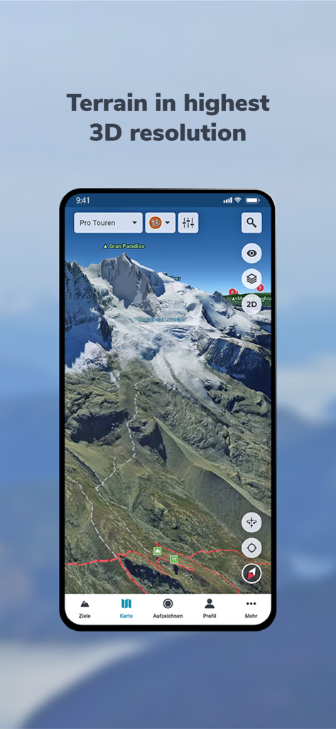 RealityMaps 3D tour planner - High-resolution 3D terrain map of Gran Paradiso mountain on a smartphone