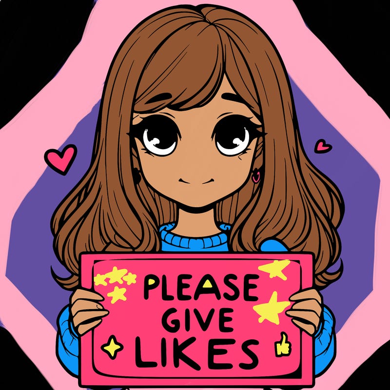 realistic girl that is holding a sign that says please give likes