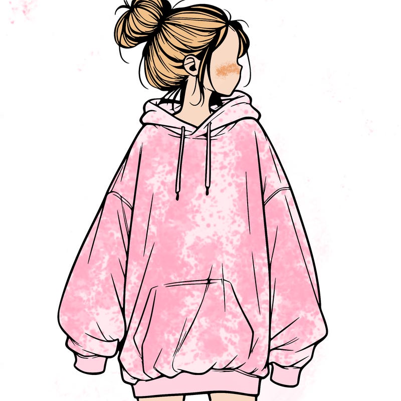 realistic girl with a oversized sweatshirt on and a bun