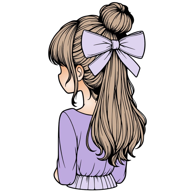 realistic girl  with hip length hair a bun and a big bow on the back of head