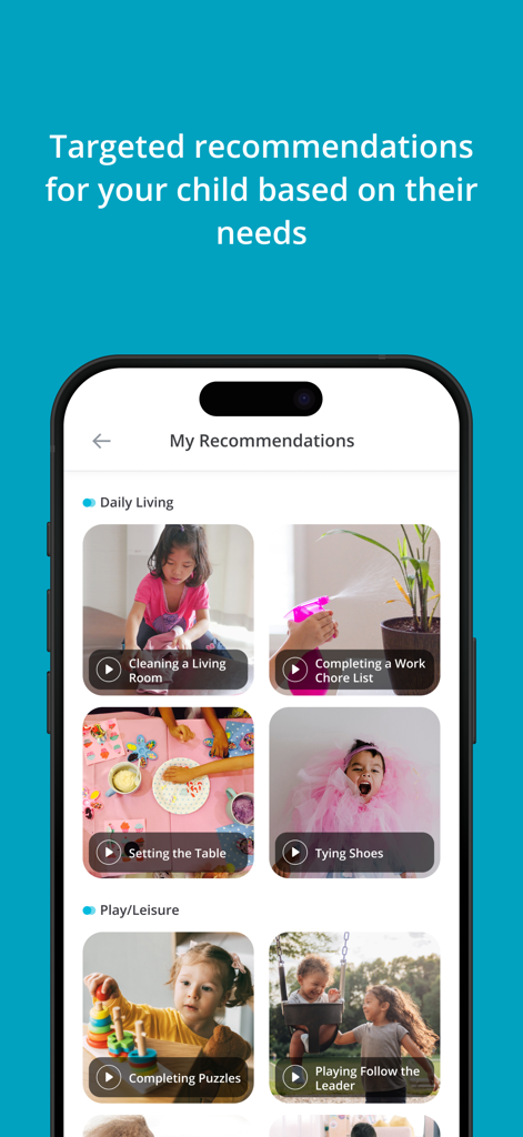 RethinkCare - A mobile app interface displaying personalized child development activities and skill building recommendations categorized by daily living and play.