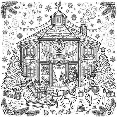 Immerse yourself in the holiday spirit with this delightful coloring page featuring a unique round barn. Discover a festive scene brimming with Christmas lights, decorations, happy reindeer, and a sleigh full of presents, ready for your creative touch.