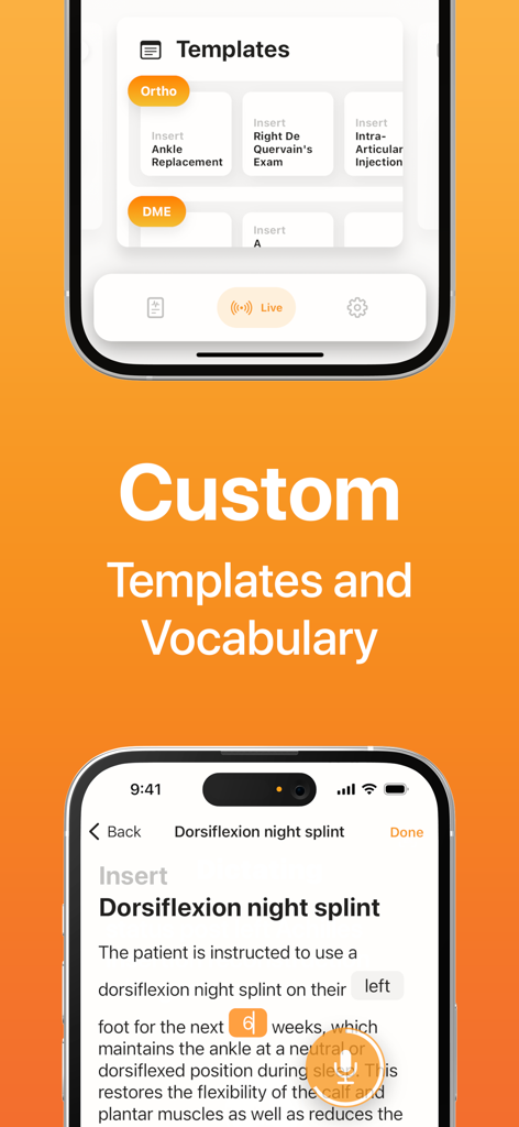 Conveyor AI - EMR Dictation - Conveyor AI app interface showing custom medical templates and specialized vocabulary for EMR dictation