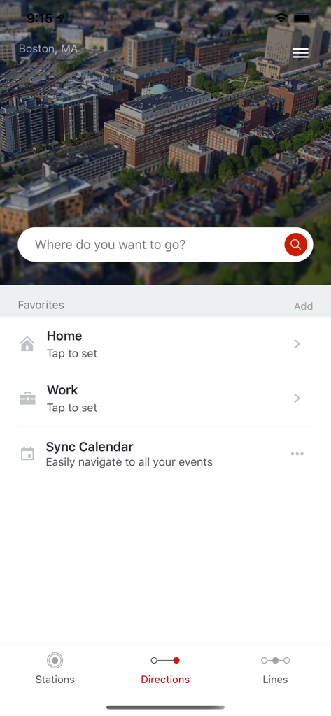 Home screen of the Terrier Transit navigation app for Boston University featuring a search bar and favorite locations.