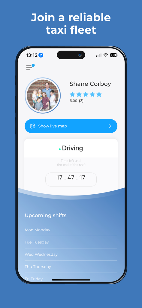 Y-DrivER app interface showing driver profile with ratings shift countdown timer and upcoming schedule