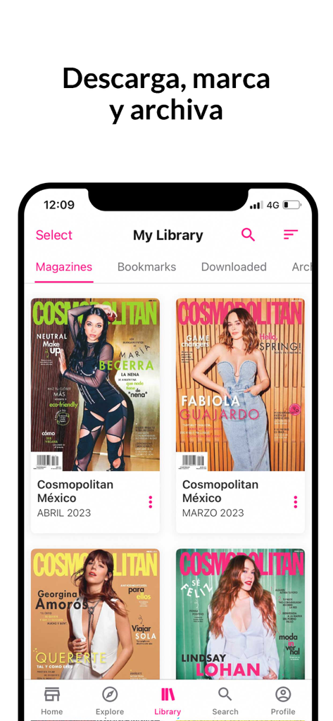 Interfaz de la aplicación Cosmopolitan Mexico mostrando una biblioteca digital de números de revistas.
