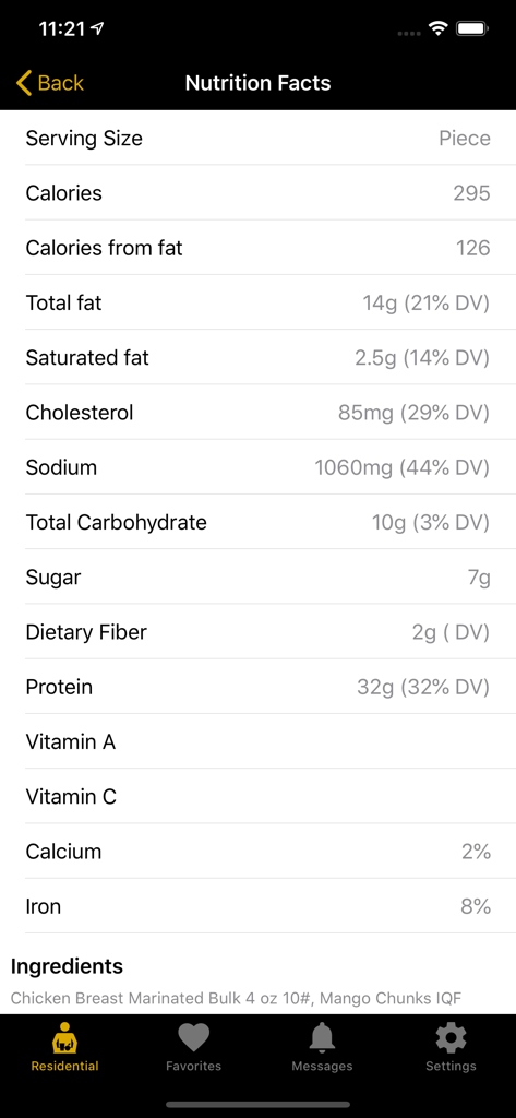 Purdue Mobile Menus - Purdue Mobile Menus app displaying nutrition facts and ingredients for a meal