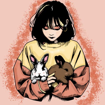realistic girl with messy bunny baggy sweatshirt and holding bunnies