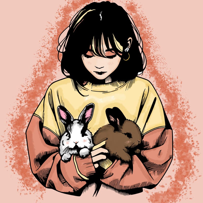 realistic girl with messy bunny baggy sweatshirt and holding bunnies