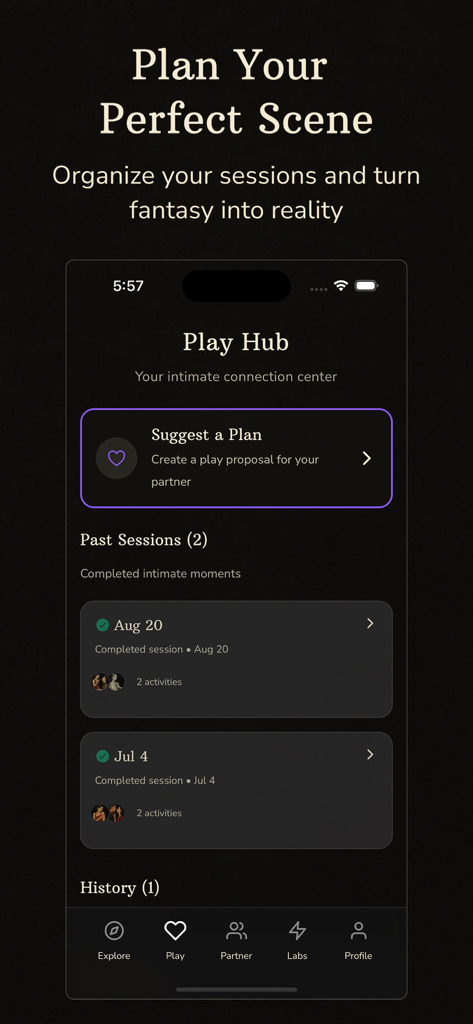 BeMoreKinky app Play Hub screen showing intimate session planning and past session history for couples