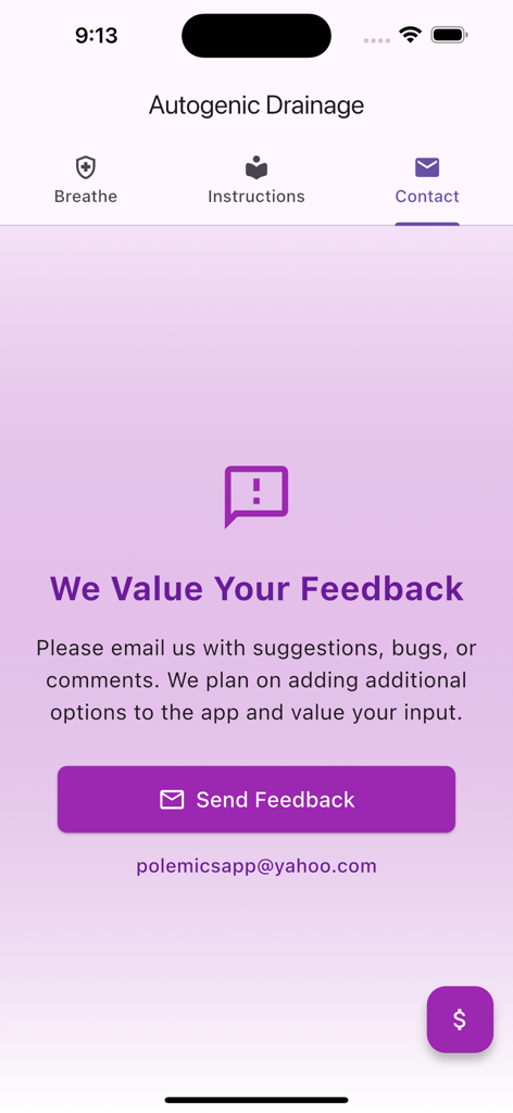 Pantalla de comentarios y contacto de la aplicación de respiración Drenaje Autógeno