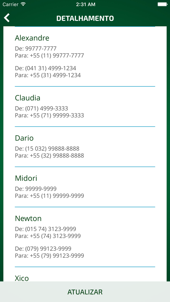 Pantalla de aplicación móvil que muestra una vista previa de contactos brasileños siendo actualizados al formato de número de teléfono internacional con el prefijo más 55
