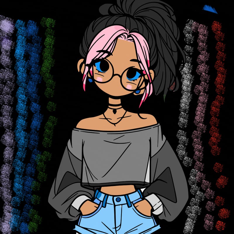 girl with a messy ponytail glasses a baggy crop top and jean shorts