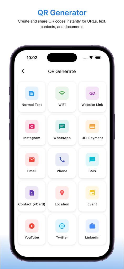 Document Scanner: PDF & OCR - WiFi、ウェブサイトリンク、ソーシャルメディア、連絡先情報など、QRコード作成のためのさまざまなカテゴリを表示するモバイルアプリのインターフェイス