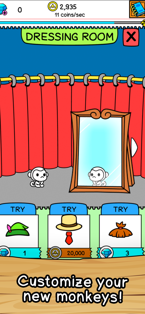 A monkey in a dressing room looking into a mirror with various hat and accessory options for customization.