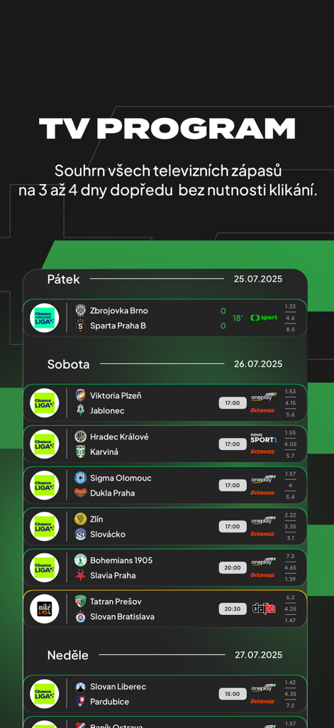 93mins app interface displaying a comprehensive soccer TV program and match schedule for upcoming games.