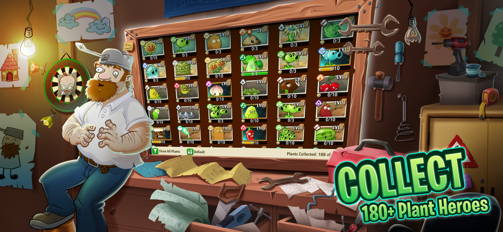 Crazy Dave in un laboratorio che mostra una bacheca con oltre 180 eroi vegetali in Plants vs. Zombies 2