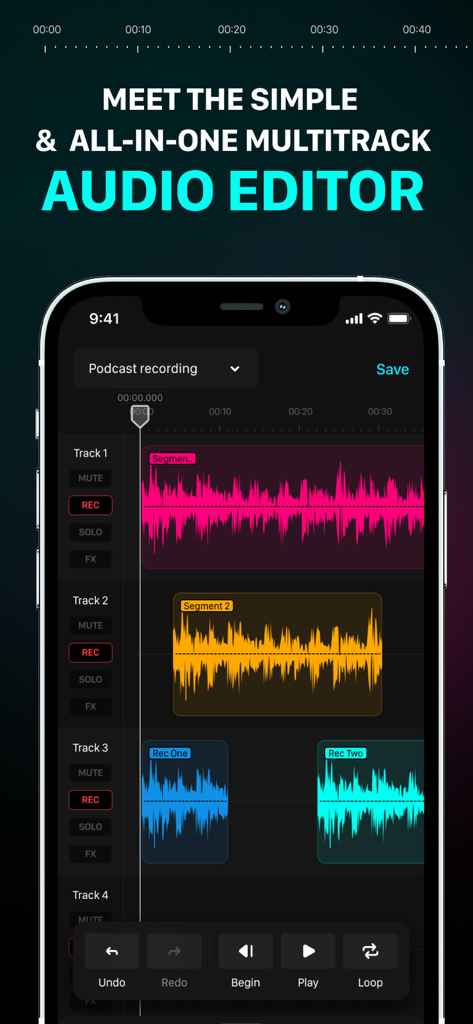 Audio One: Multitrack Editor - Interface de l'application Audio One sur un iPhone montrant plusieurs pistes audio avec des formes d'onde codées par couleur pour l'enregistrement et le montage de podcasts.