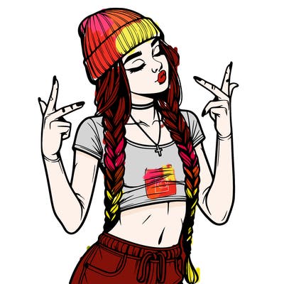 realistic teenage girl with braids and a beanie and crop top doing 🫶🏼