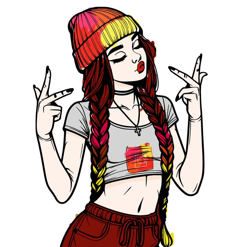 realistic teenage girl with braids and a beanie and crop top doing 🫶🏼