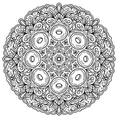 Unwind with this delightful mandala coloring page, intricately designed with an array of tempting glazed doughnuts. Experience meditative creativity as you bring this sweet, symmetrical pattern to life with your favorite colors.