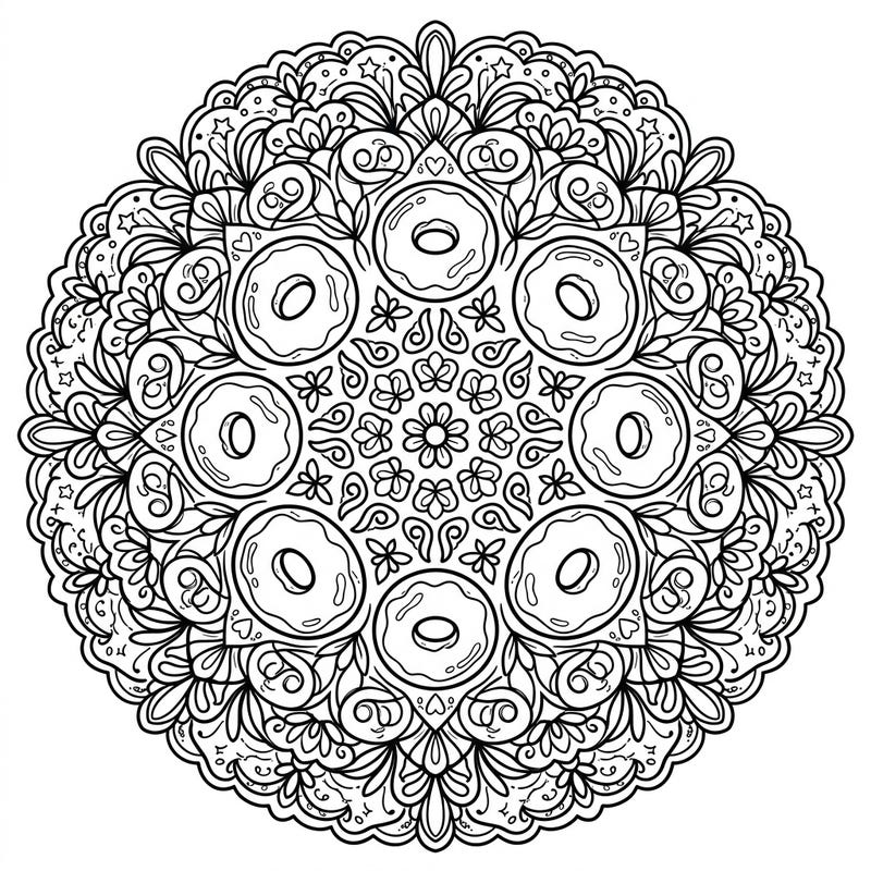 Unwind with this delightful mandala coloring page, intricately designed with an array of tempting glazed doughnuts. Experience meditative creativity as you bring this sweet, symmetrical pattern to life with your favorite colors.