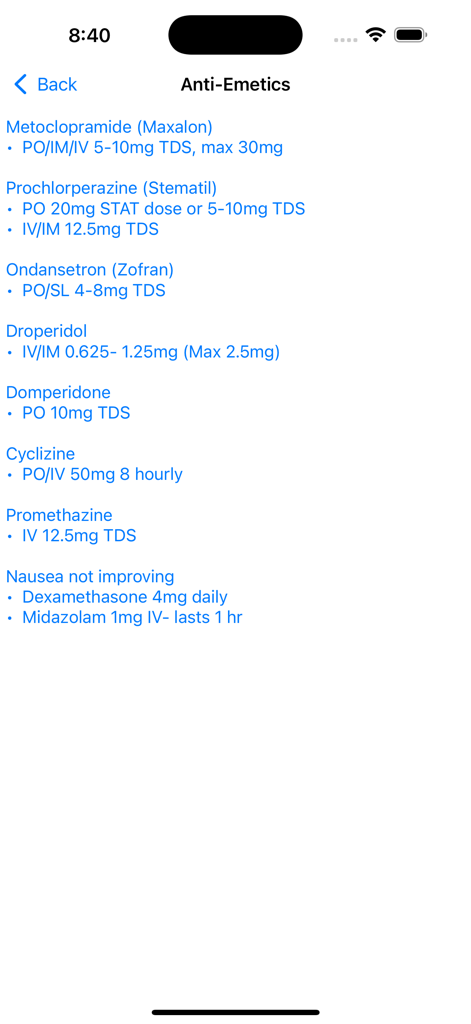 Écran d'application médicale montrant les informations de dosage des antiémétiques pour les internes et les résidents