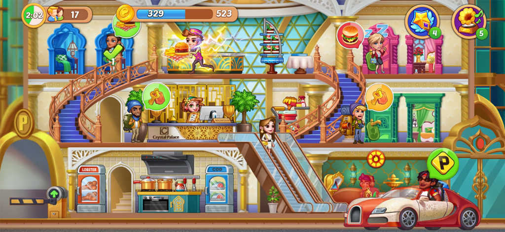 Hotel Craze® Design Makeover - Hotel Crazeのゲームプレイ画面。スタッフが食事を提供し、受付にゲストがいる高級ホテルの内部が表示されています。