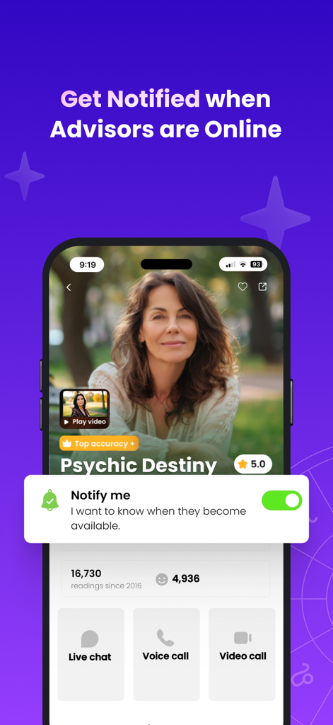 Purple Garden app interface showing a notification toggle for psychic advisor availability with options for live chat and video calls