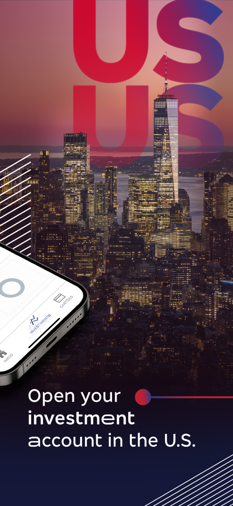 Bradesco Invest US - Bradesco Invest US app interface over New York City skyline at night