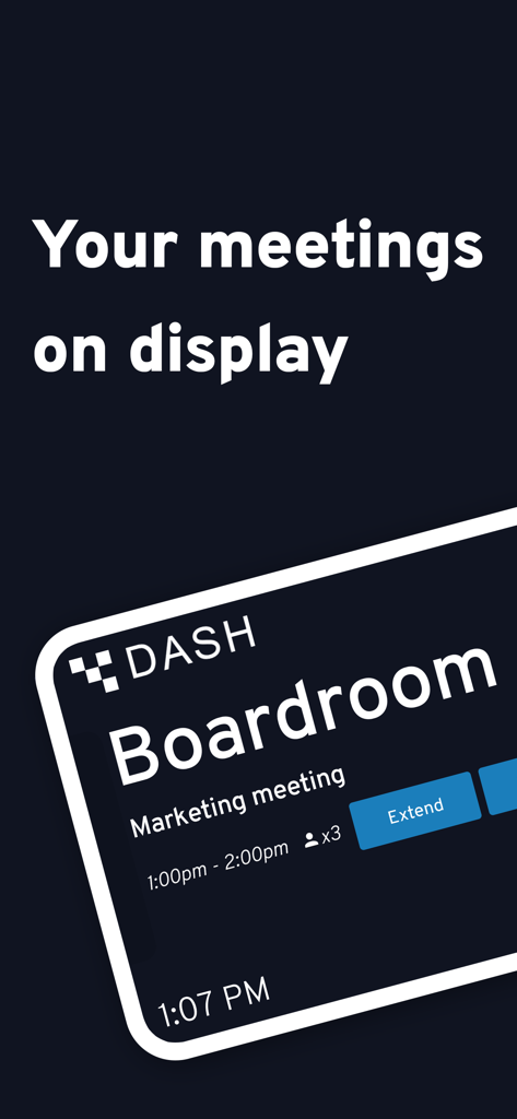 Dash - meeting room display - Dash Besprechungsraum-Display zeigt ein geplantes Marketingmeeting im Konferenzraum mit der Option zur Verlängerung an.