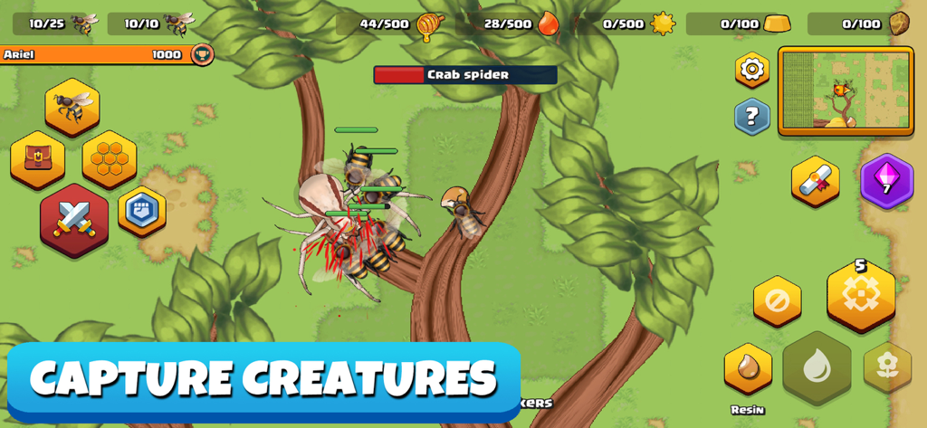 Pocket Bees: Colony Simulator - Bees attacking a crab spider in Pocket Bees Colony Simulator with the text capture creatures.