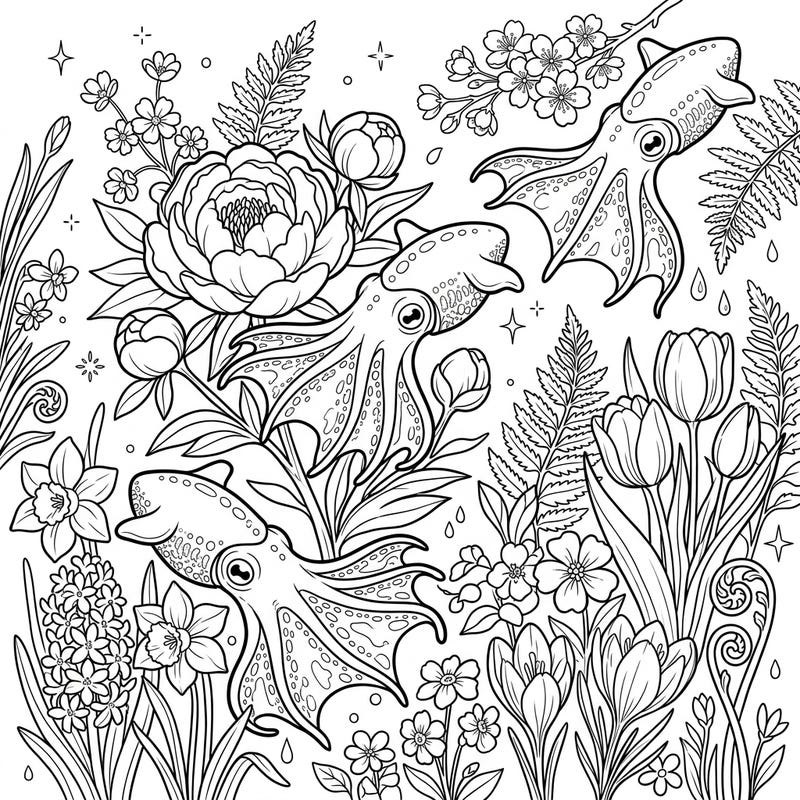 Experience a truly unique spring coloring page showcasing adorable vampire squids gracefully interwoven with an abundant display of blooming flowers. This intricate design offers a whimsical blend of deep-sea mystery and vibrant garden beauty, perfect for creative adults and teens.
