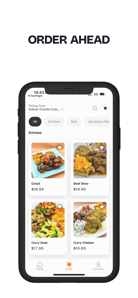 C’est Bon Creole Cuisine - C’est Bon Creole Cuisine app interface showing a menu of Caribbean entrees including oxtail and curry goat with an order ahead header