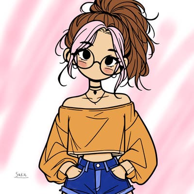 girl with a messy ponytail glasses a baggy crop top and jean shorts