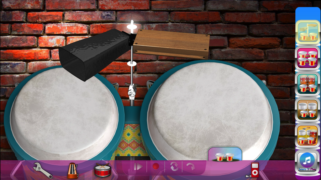 A screenshot of the Bongos! Bongos! app interface featuring virtual drums, a cowbell, and a woodblock against a brick wall background.