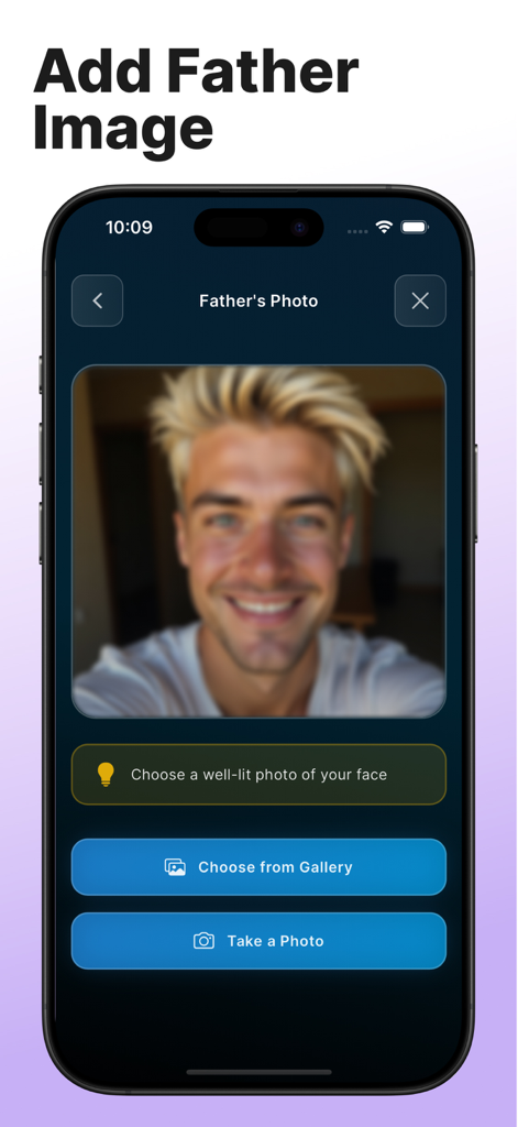 Interface de l'application générateur de bébé IA montrant les boutons pour télécharger ou prendre une photo du père