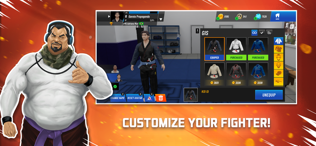 Avatar customization screen in BeJJ Jiu-Jitsu game showing different colored gi uniforms