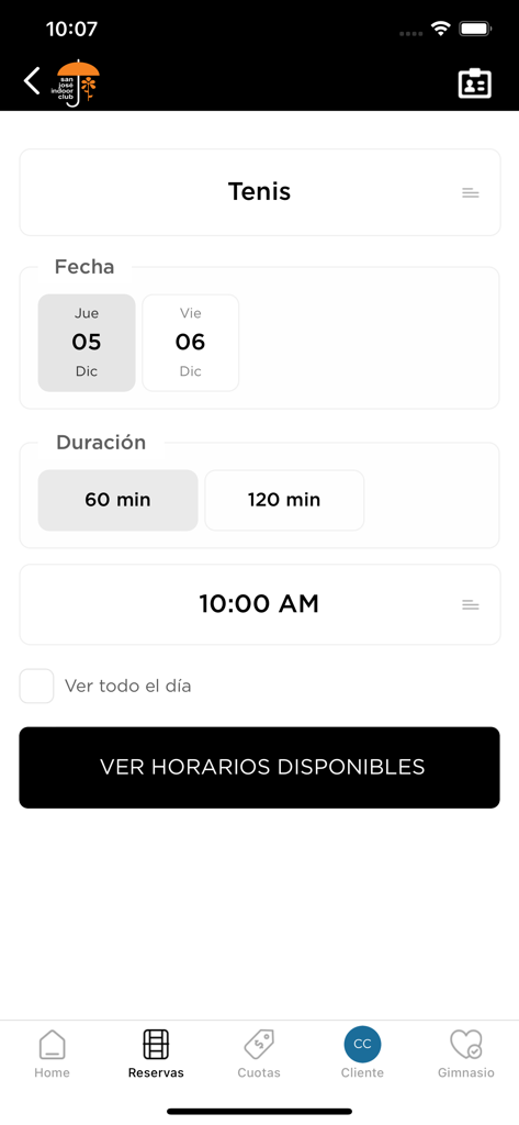San Jose Indoor Club - Tennis court reservation interface for the San Jose Indoor Club app