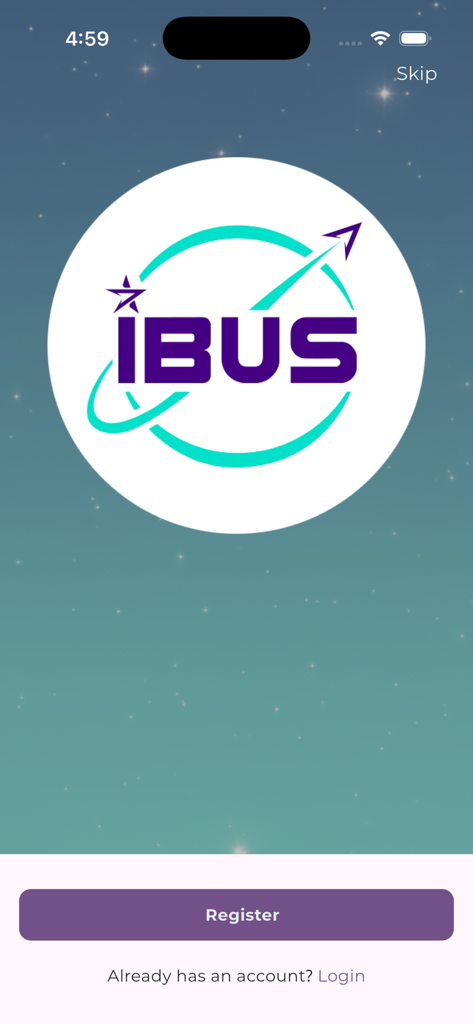 IBus Express - IBus Express mobile App Willkommensbildschirm mit Logo und Registrierungsschaltfläche