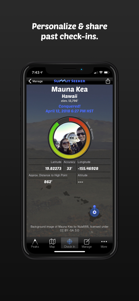 Summit Seeker - A screenshot of the Summit Seeker app showing a personalized summit check-in for Mauna Kea in Hawaii including photos and GPS data.